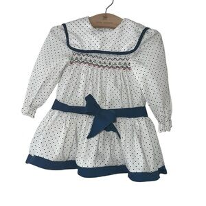 Vintage Polly Flinders girls white navy smocked polka dot dress sz 2T